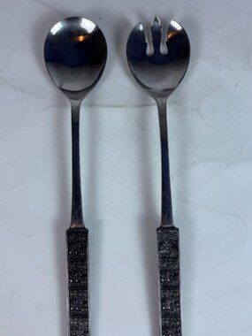Vintage Stanley Roberts Stainless Japan Salad Serving Set MCM Floral Flatware